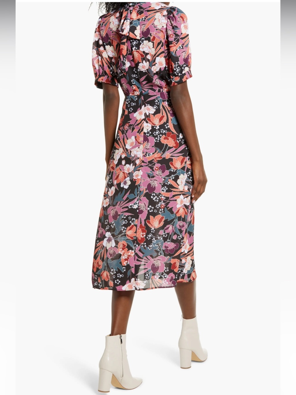 Julia Jordan  Puff Sleeve Midi Dress Black with Orange & Purple Floral Print S2 - Picture 2 of 16